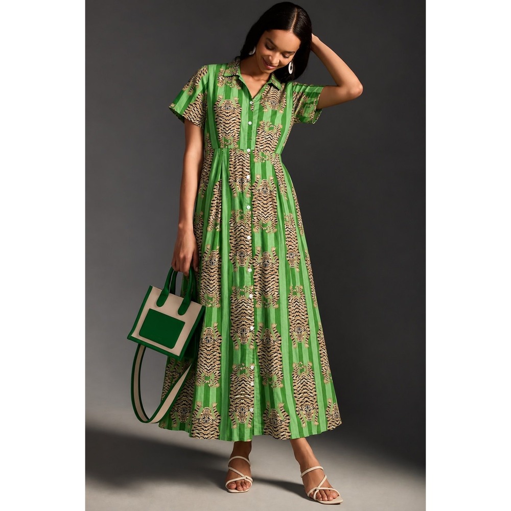 Anthropologie Miss Madigan Tiger Block Print Maxi Shirt Dress L Green Boho